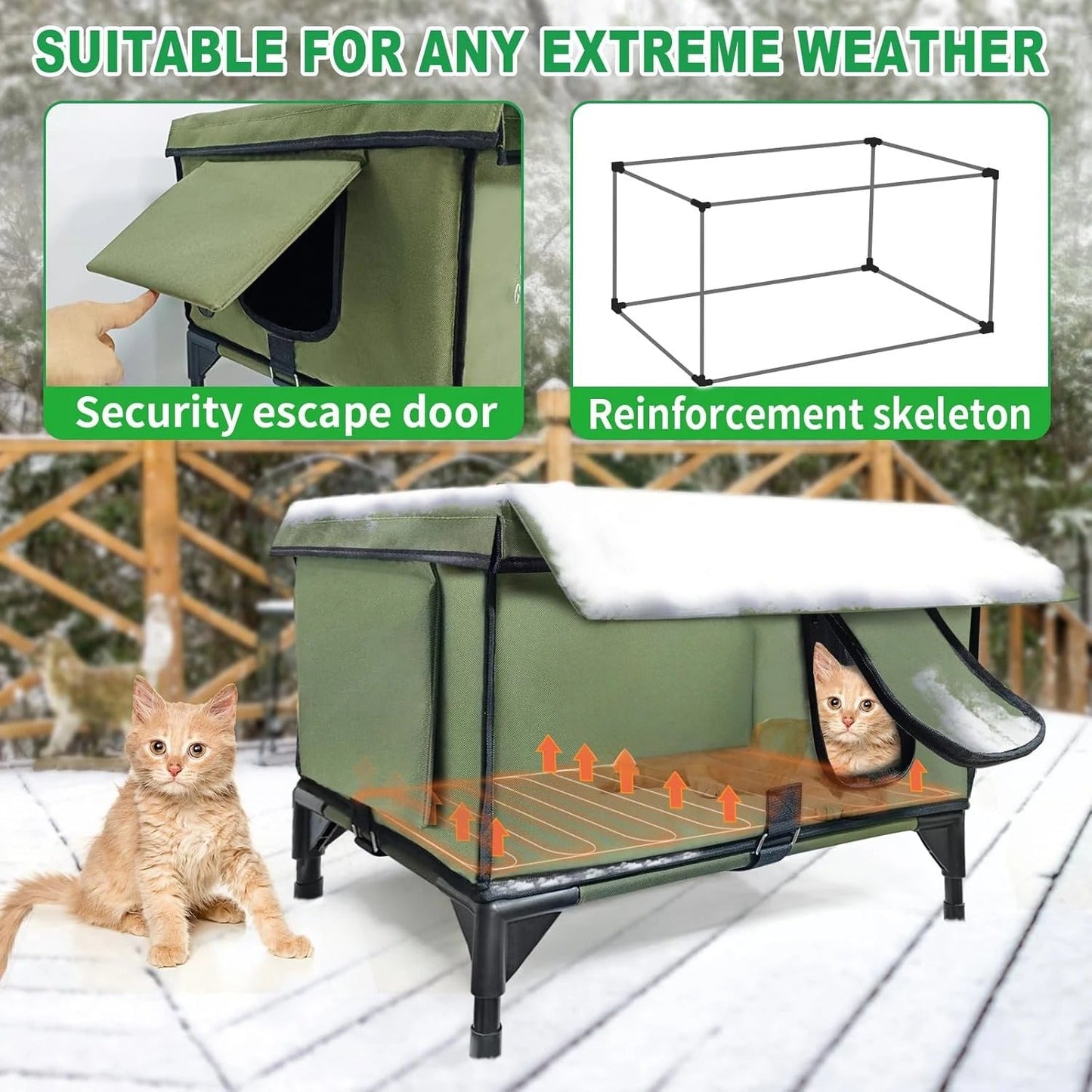 Winter-Ready Outdoor Heated Feral Cat Shelter – Waterproof with Rainproof Eaves, Built-In Heater & Emergency Escape Doors