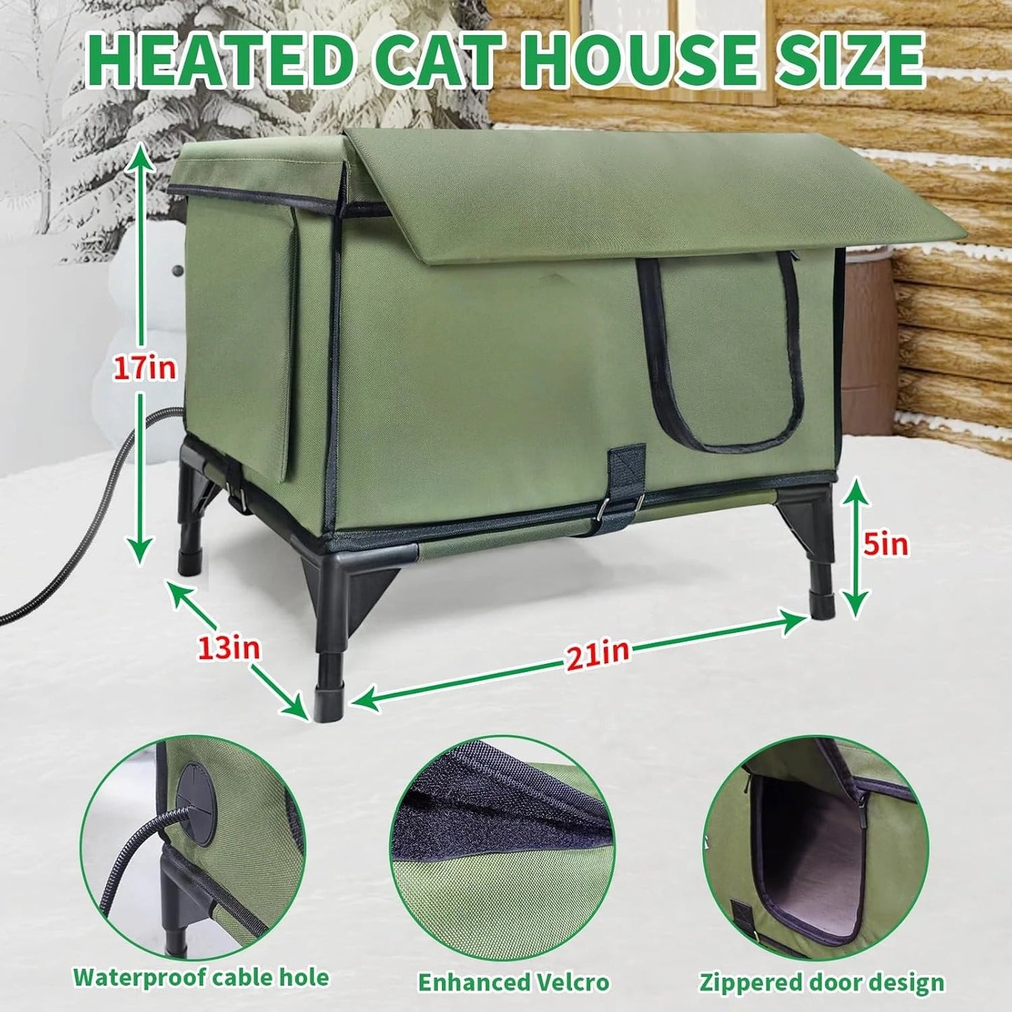 Winter-Ready Outdoor Heated Feral Cat Shelter – Waterproof with Rainproof Eaves, Built-In Heater & Emergency Escape Doors