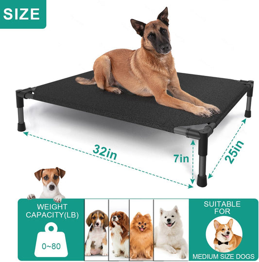 32×25×8 in Portable Raised Dog Cot – Black Waterproof Frame, Breathable Mesh & Anti-Slip Base, Supports Up to 80 lbs