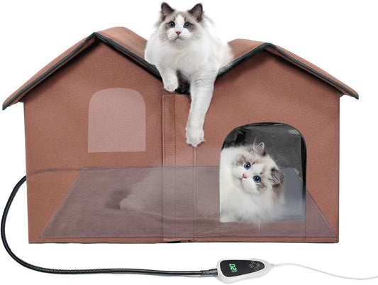 Insulated Foldable Heated Cat Cabin – Dual-Compartment Indoor/Outdoor Shelter with Smart Thermostat & Detachable Heating Pad