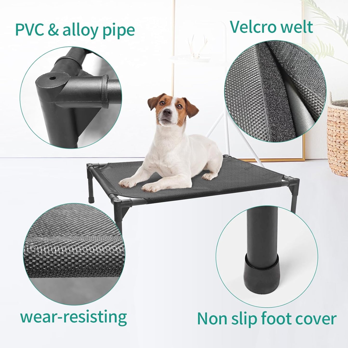 32×25×8 in Portable Raised Dog Cot – Black Waterproof Frame, Breathable Mesh & Anti-Slip Base, Supports Up to 80 lbs