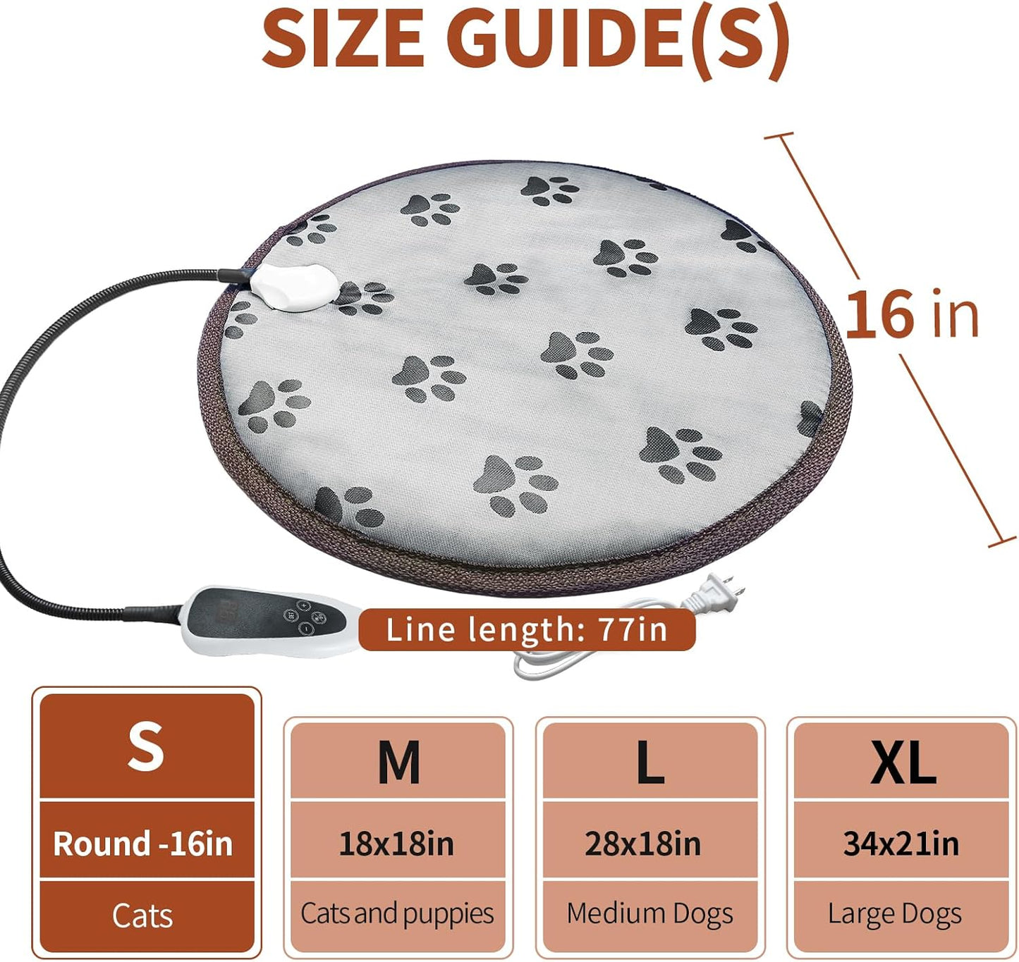 16″ Waterproof Heated Cat Bed with Smart Thermostat, Adjustable Heat, Anti-Slip Rope & Adorable Paw-Print Design