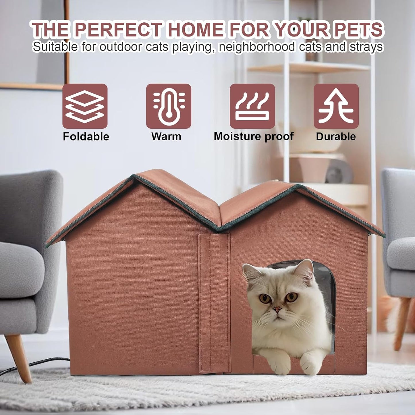 Insulated Foldable Heated Cat Cabin – Dual-Compartment Indoor/Outdoor Shelter with Smart Thermostat & Detachable Heating Pad