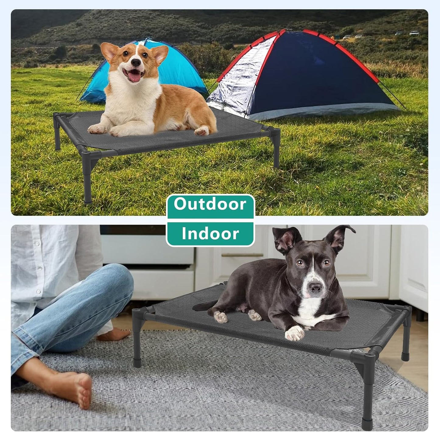 32×25×8 in Portable Raised Dog Cot – Black Waterproof Frame, Breathable Mesh & Anti-Slip Base, Supports Up to 80 lbs