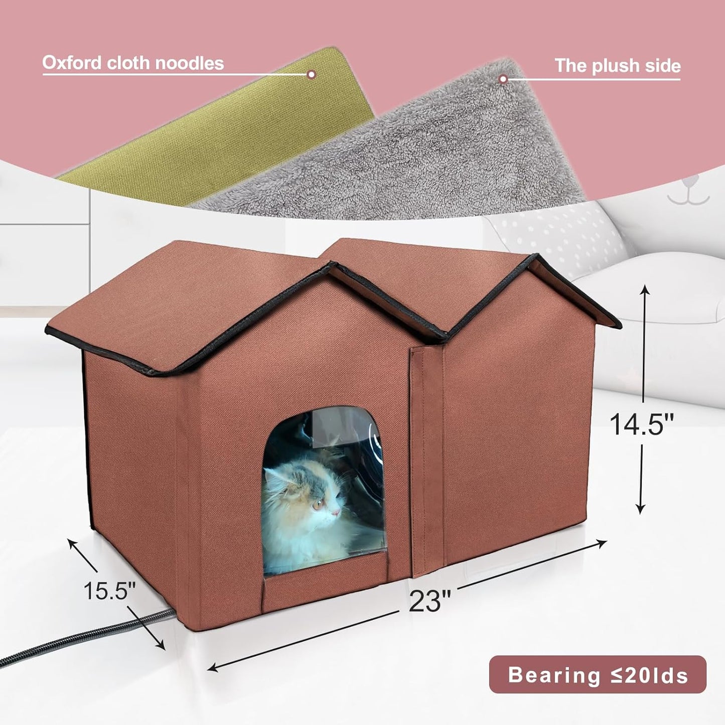Insulated Foldable Heated Cat Cabin – Dual-Compartment Indoor/Outdoor Shelter with Smart Thermostat & Detachable Heating Pad