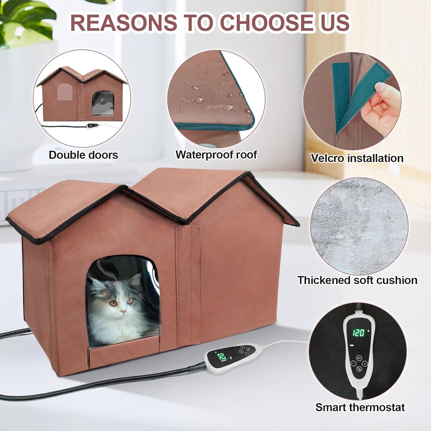 Insulated Foldable Heated Cat Cabin – Dual-Compartment Indoor/Outdoor Shelter with Smart Thermostat & Detachable Heating Pad