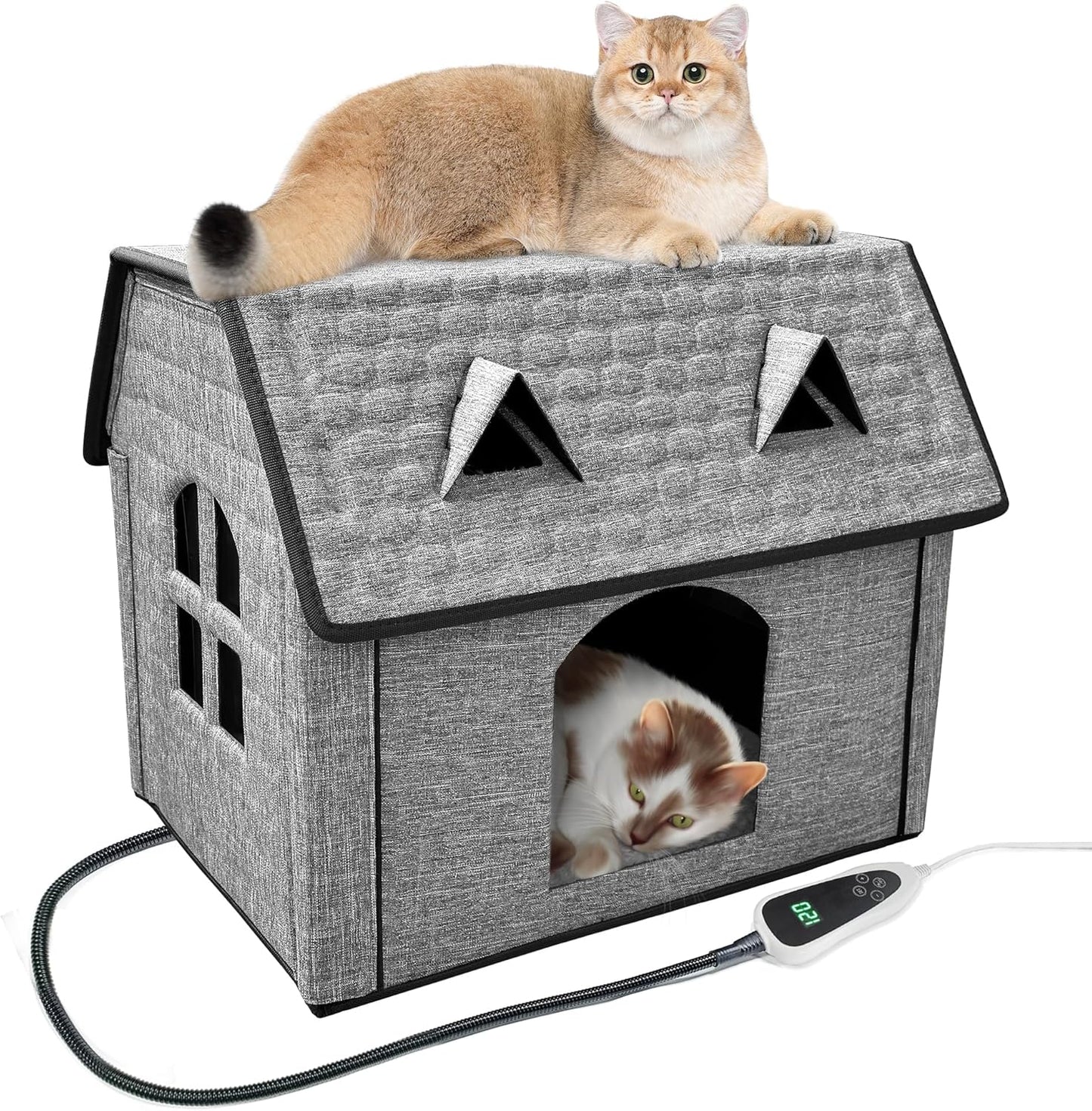Foldable Indoor/Outdoor Heated Pet House for Cats & Puppies – Waterproof Shelter with Smart Thermostat, Cozy Window Panels & Removable Heating Pads