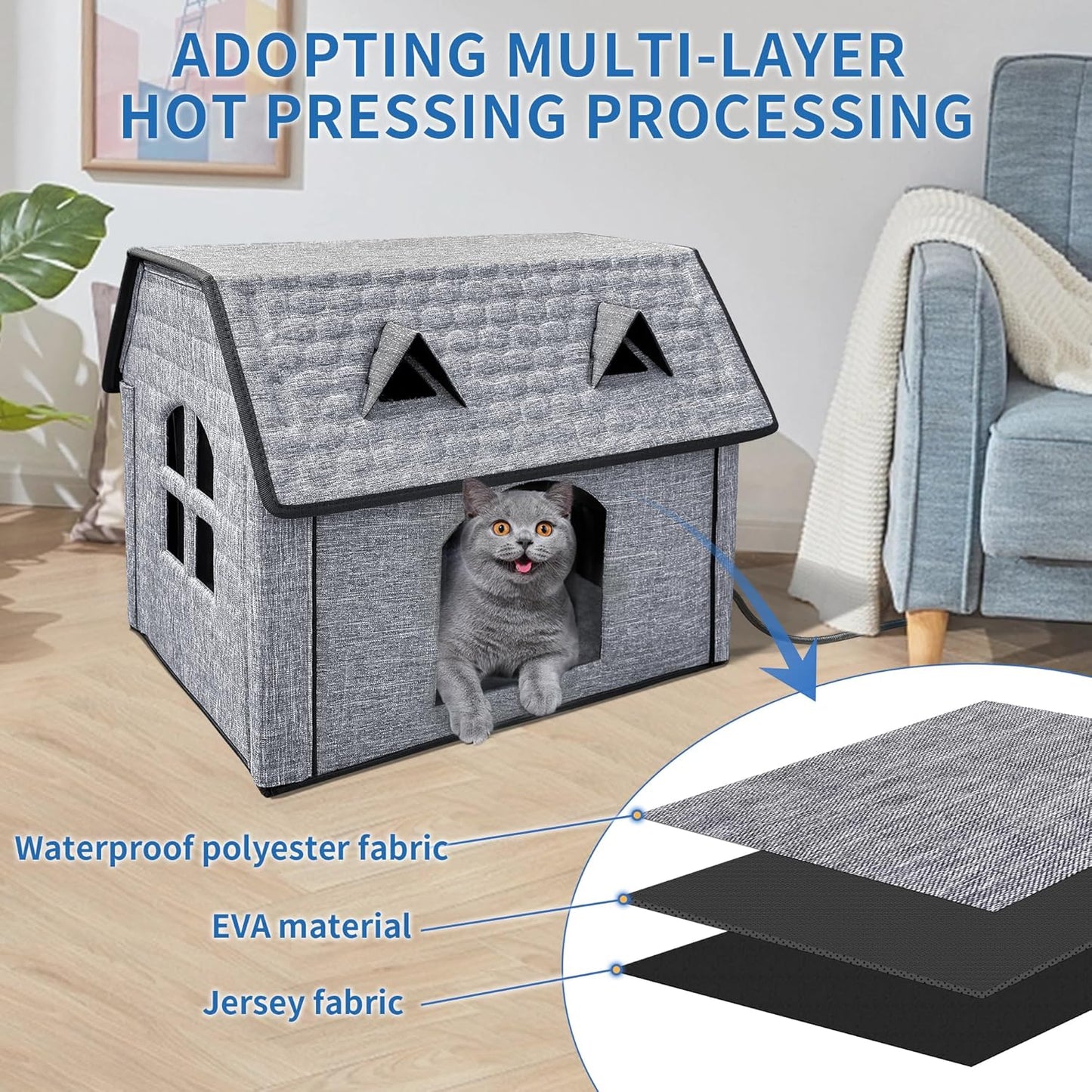 Foldable Indoor/Outdoor Heated Pet House for Cats & Puppies – Waterproof Shelter with Smart Thermostat, Cozy Window Panels & Removable Heating Pads