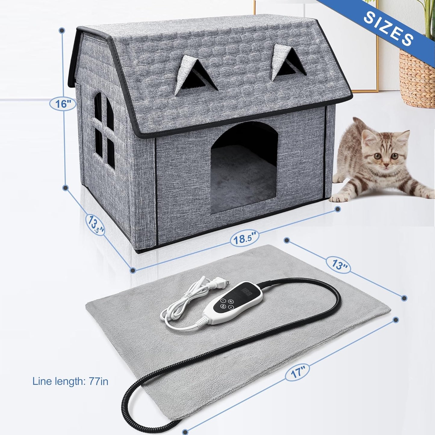 Foldable Indoor/Outdoor Heated Pet House for Cats & Puppies – Waterproof Shelter with Smart Thermostat, Cozy Window Panels & Removable Heating Pads