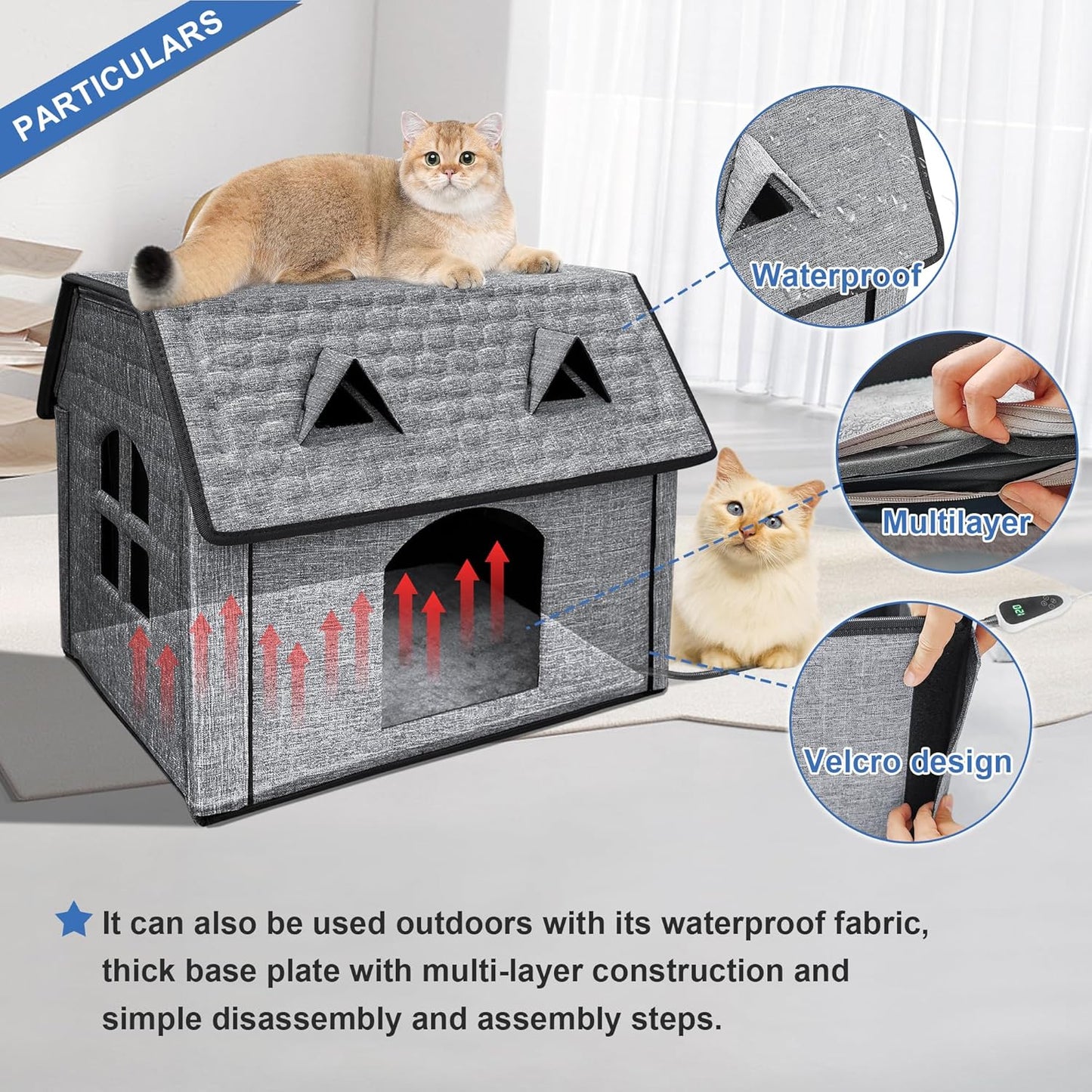 Foldable Indoor/Outdoor Heated Pet House for Cats & Puppies – Waterproof Shelter with Smart Thermostat, Cozy Window Panels & Removable Heating Pads